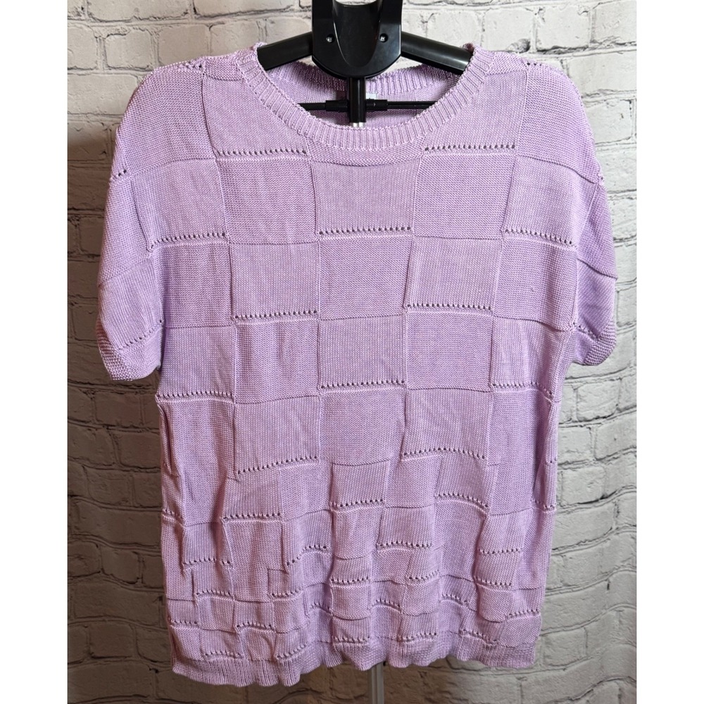 White Birch Lavender Purple Grid Knit Short Sleeve Sweater Top XL